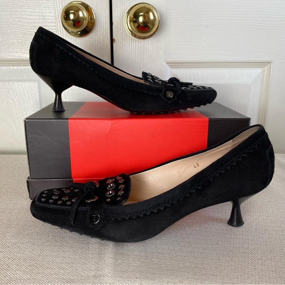 TOD’s Billie Studs & Lace Black Suede Kitten Heel Loafers - Picture 2 of 12